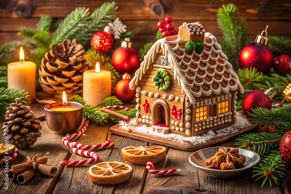 A Gingerbread House Sits On A Wooden Table, Surrounded By Christmas Decorations. A Gingerbread House Sits On A Wooden Table, Surrounded By Christmas Decorations.
