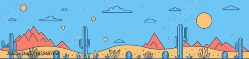 Minimalist desert landscape with cacti, mountains, and sun against a blue sky, perfect for simple and modern nature-themed designs with a bright and clean aesthetic