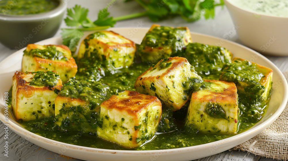 On the plate, paneer cheese cut into cubes, served with aromatic green sauce and fresh coriander. On the plate, paneer cheese cut into cubes, served with aromatic green sauce and fresh coriander.