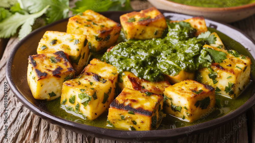 On the plate, paneer cheese cut into cubes, served with aromatic green sauce and fresh coriander. On the plate, paneer cheese cut into cubes, served with aromatic green sauce and fresh coriander.