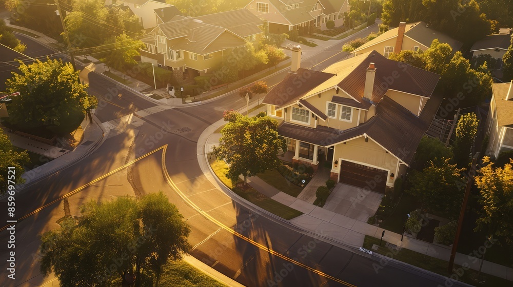 Bird's eye view of a suburban neighborhood at dawn, focusing on a sandy beige Craftsman style house, the streets empty and bathed in the soft morning light. Bird's eye view of a suburban neighborhood at dawn, focusing on a sandy beige Craftsman style house, the streets empty and bathed in the soft morning light.