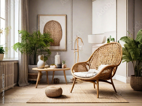 Living Room with Rattan Chair, Green Plant, interior design