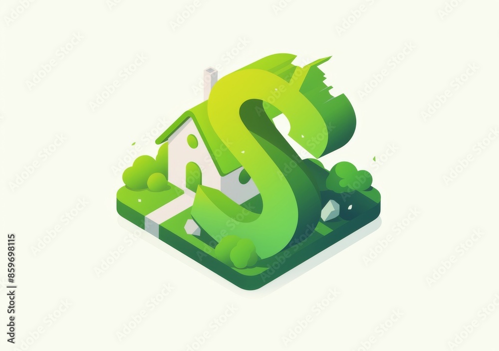 Obraz premium Minimalist Logo with Letter S and Green House, Dollar Sign, White Background