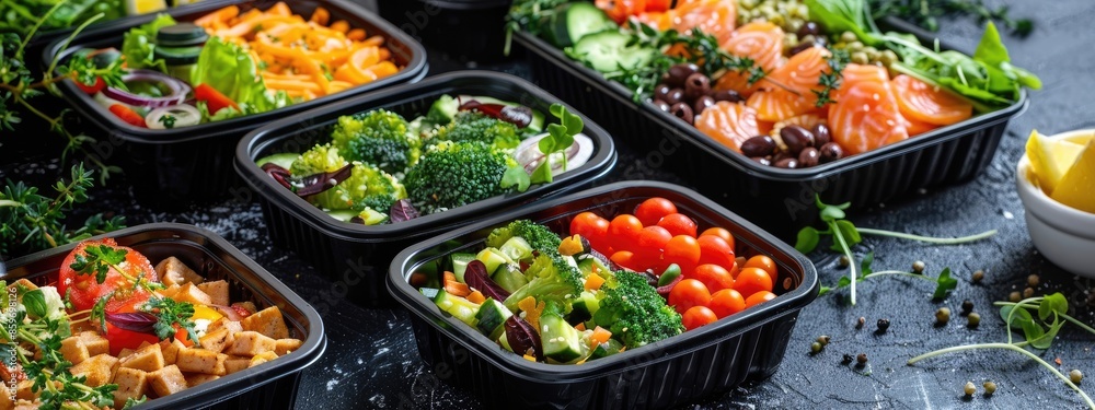 vegetables and salads in plastic containers. Selective focus vegetables and salads in plastic containers. Selective focus