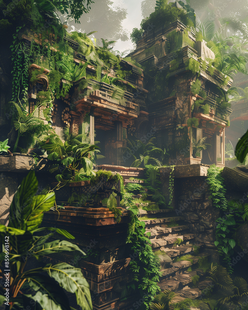 ancient ruins of a forgotten civilization covered in moss and surrounded by lush forest, 3D illustration ancient ruins of a forgotten civilization covered in moss and surrounded by lush forest, 3D illustration