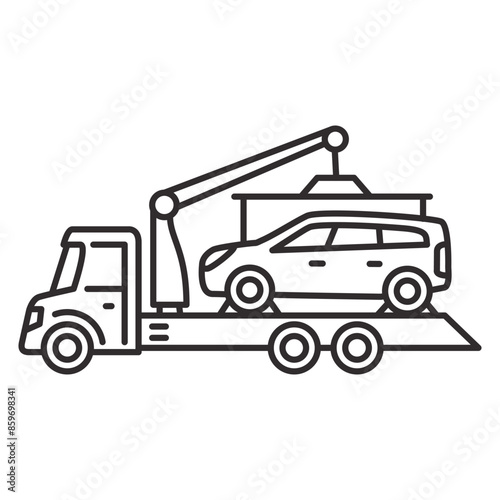 Tow truck icon.Towing truck van with car.City road assistance service evacuator.Car towing truck. Towing truck delivers the broken car. Outline vector illustration.Isolated on white background.
