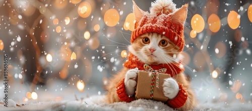 Adorable Kitten in Winter Attire Holding Gift. Generative ai