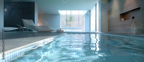 Hightech minimalist swimming pool featuring selfcleaning technology and smart temperature control photo