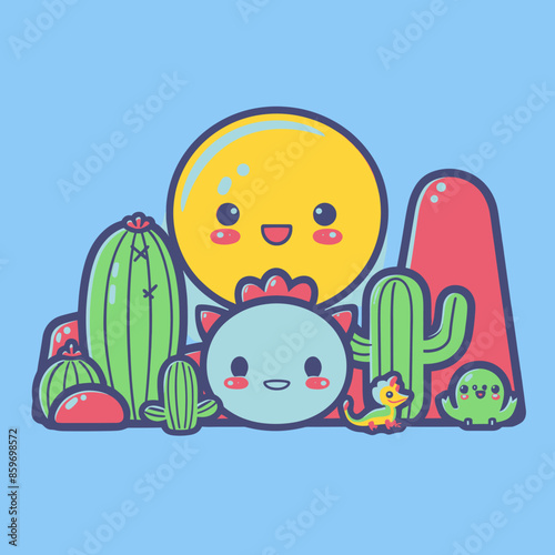 Cute cartoon desert scene with smiling sun, cacti, and happy characters on a bright blue background, perfect for children's designs and playful nature-themed illustrations