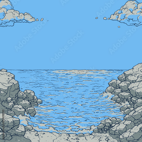 Cartoon coastal landscape with rocky cliffs and a calm blue sea under a bright sky, ideal for playful and scenic nature-themed designs