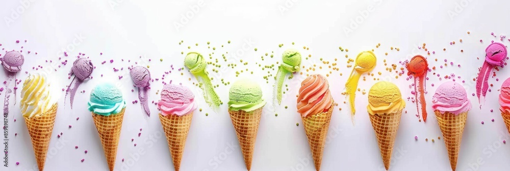 Colorful Ice Cream Cones with Sprinkles on White Background. Generative ai. Colorful Ice Cream Cones with Sprinkles on White Background. Generative ai.