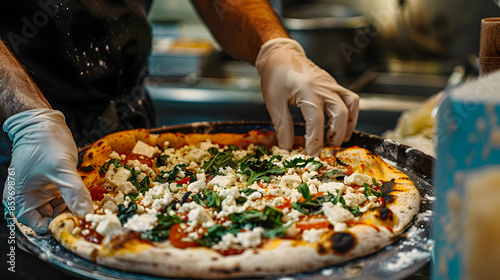 A close-up shot of a Greek pizza being served, highlighting the fresh ingredients and vibrant colors