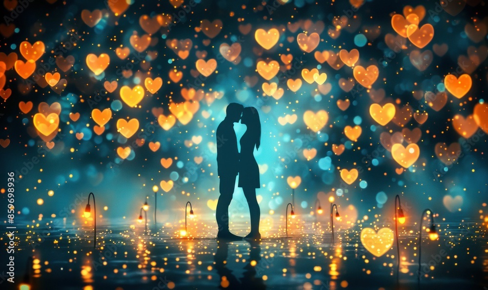 Silhouette of Couple in Love with Heart Lights. Generative ai. Silhouette of Couple in Love with Heart Lights. Generative ai.