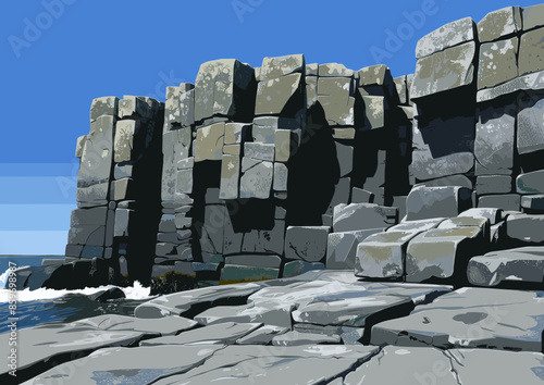 Rocky coastal cliffs with jagged stone formations under a clear blue sky, perfect for nature and rugged landscape-themed designs with a dramatic edge