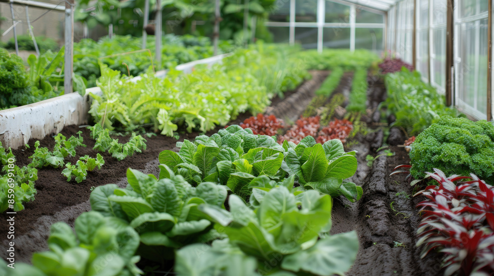 A greenhouse with rows of green, leafy plants and vegetables growing in dark soil. A variety of plants are seen, including lettuce and other greens.