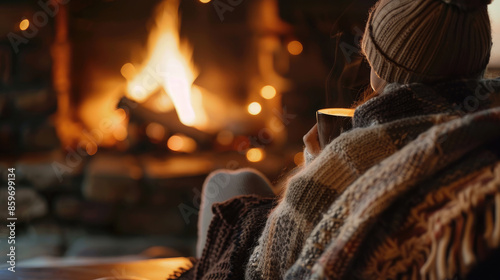 A person wrapped in a cozy blanket and wearing a beanie hat enjoys a warm drink while sitting by a glowing fireplace.