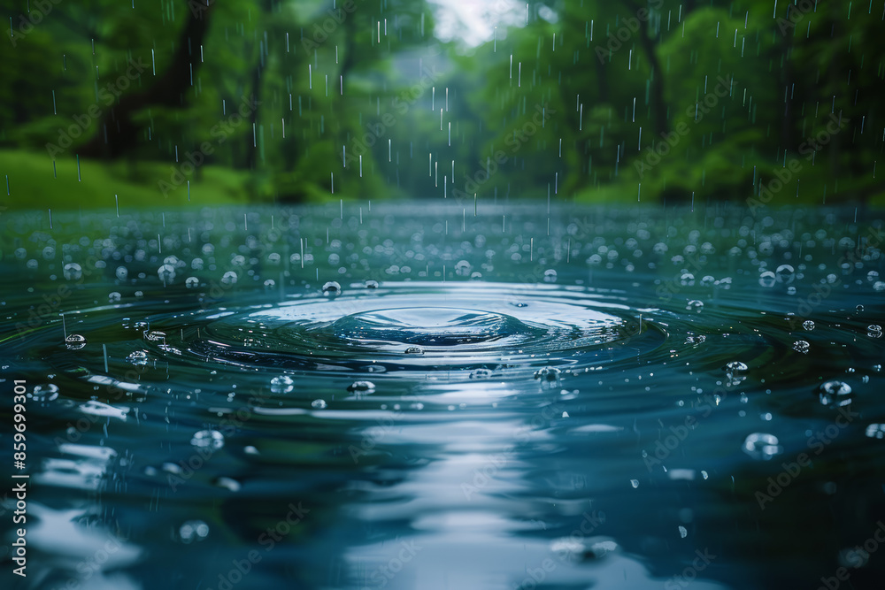 Raindrops ripple on the surface of a pond during a gentle shower. Concept of rainy weather and calming effects. Generative Ai. Raindrops ripple on the surface of a pond during a gentle shower. Concept of rainy weather and calming effects. Generative Ai.
