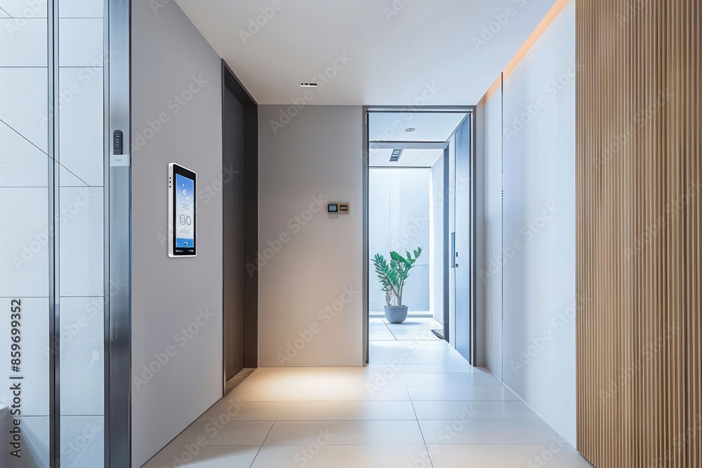 Minimalist entryway showcasing a digital frame with integrated security camera feed and alerts Minimalist entryway showcasing a digital frame with integrated security camera feed and alerts