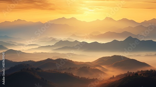 Sunrise over a serene mountain range, bathed in soft, golden light