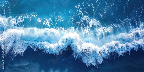 Fototapeta Naklejka Na Ścianę i Meble -  Spectacular aerial top view background photo of ocean sea water white wave splashing in the deep sea on blue waves. Surfing and vacations.