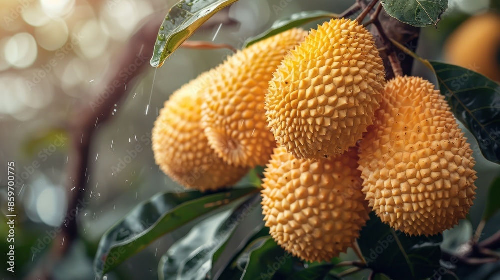 Durian Fruits on a Branch with Rain Droplets Durian Fruits on a Branch with Rain Droplets