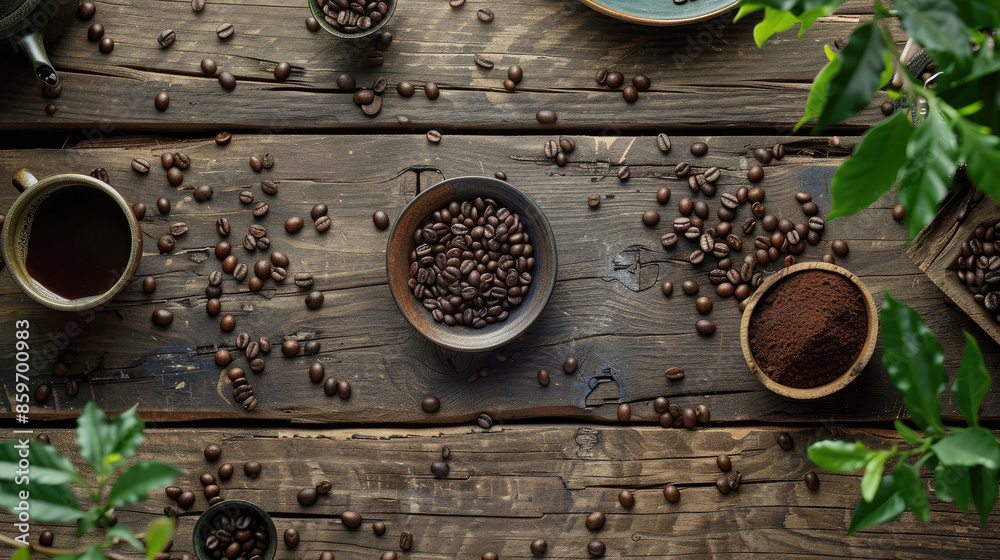 Coffee beans, ground coffee, and a cup of coffee rest on a rustic wooden table, with green leaves adding a touch of freshness to the scene. Coffee beans, ground coffee, and a cup of coffee rest on a rustic wooden table, with green leaves adding a touch of freshness to the scene.