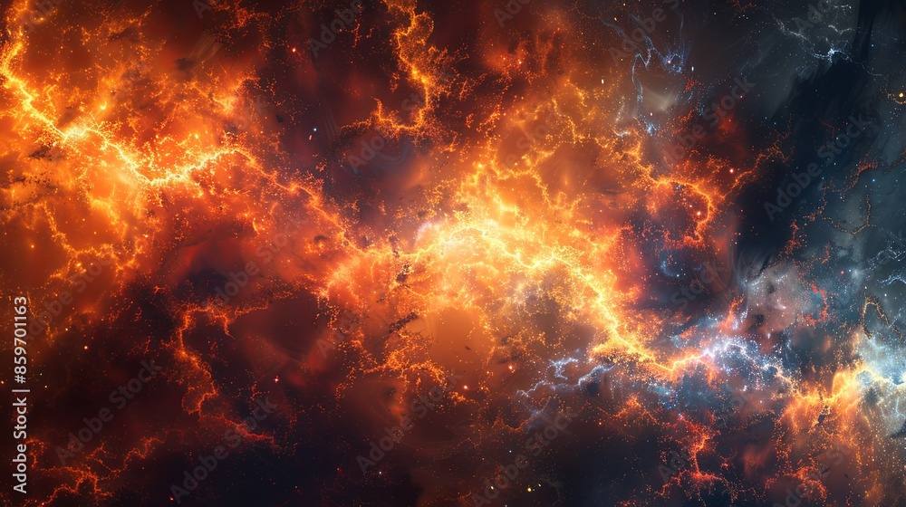 Chaotic vibrant universe filled with thousands of miles of fiery clouds and blazing stars Chaotic vibrant universe filled with thousands of miles of fiery clouds and blazing stars