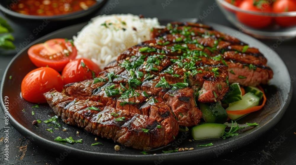 Grilled Steak with Rice, Vegetables, and Herbs Grilled Steak with Rice, Vegetables, and Herbs