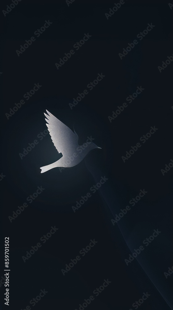 Fototapeta premium Dark background with a subtle, white, minimalist bird flying in the corner. ,Dark Color light ,vectorline design , illustration , Mobile Wallpaper