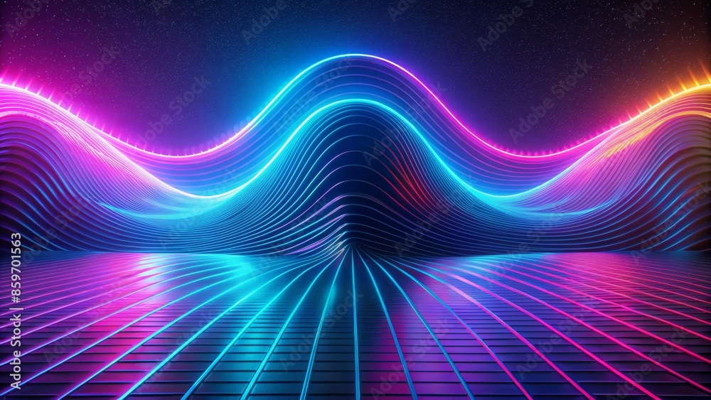 Abstract Neon Lights Background with 3D Wavy Lines and Starry Sky