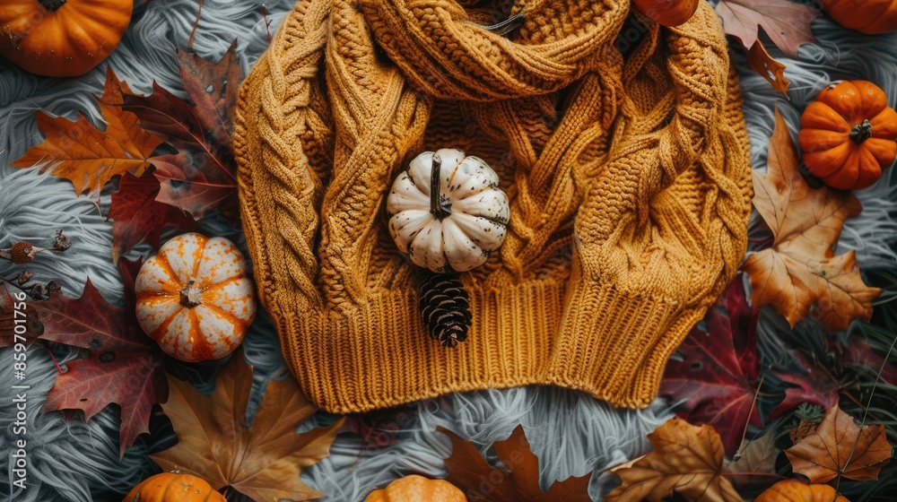Autumn flat lay of wool sweater pumpkins and dry leaves Autumn flat lay of wool sweater pumpkins and dry leaves