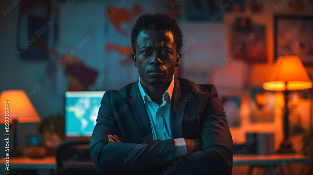 Serious businessman in suit seated in office with ambient blue lighting. Serious businessman in suit seated in office with ambient blue lighting.