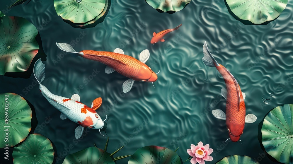 Koi fish swimming in the pond under lotus flowers in summer. Koi fish and lotus flowers in lake or water. Background and mural wallpaper High quality AI generated image Koi fish swimming in the pond under lotus flowers in summer. Koi fish and lotus flowers in lake or water. Background and mural wallpaper High quality AI generated image