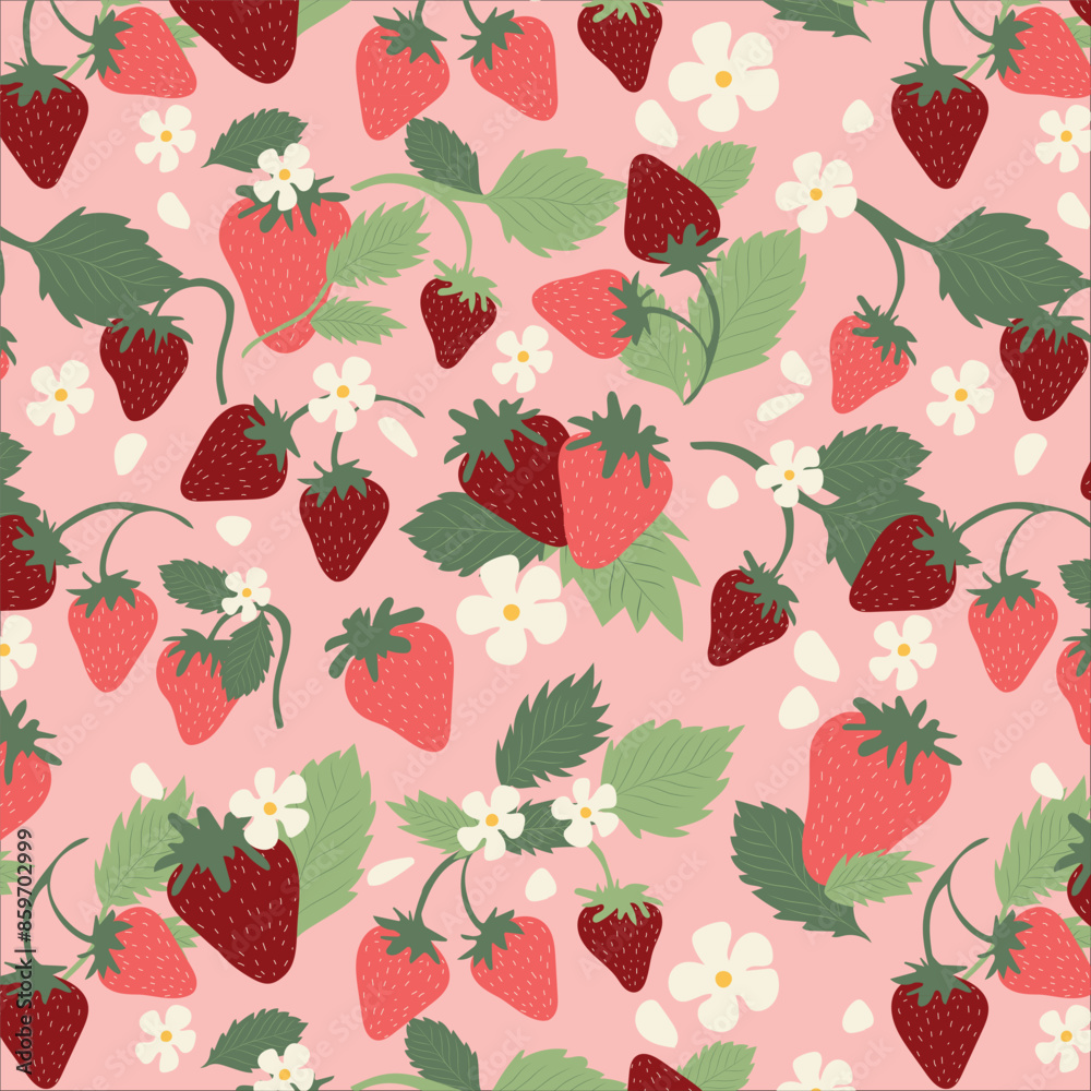 Summer seamless pattern and card design with wild strawberries and flowers, seasonal strawberry wallpaper, cute design for fabric, interior decor Summer seamless pattern and card design with wild strawberries and flowers, seasonal strawberry wallpaper, cute design for fabric, interior decor