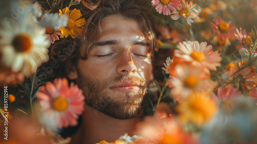Obraz na płótnie Portrait of young beautiful cute romantic man wearing a wreath of wild flowers in summer day, outdoors. w salonie