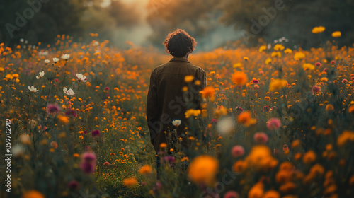 back view of man walking in flower filed during sunset. Atmospheric authentic moment. Rural slow life.  © Cristina