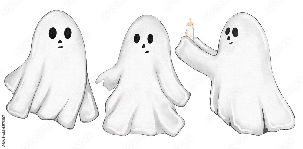 Set of watercolor illustration of a cute ghost for Halloween Set of watercolor illustration of a cute ghost for Halloween