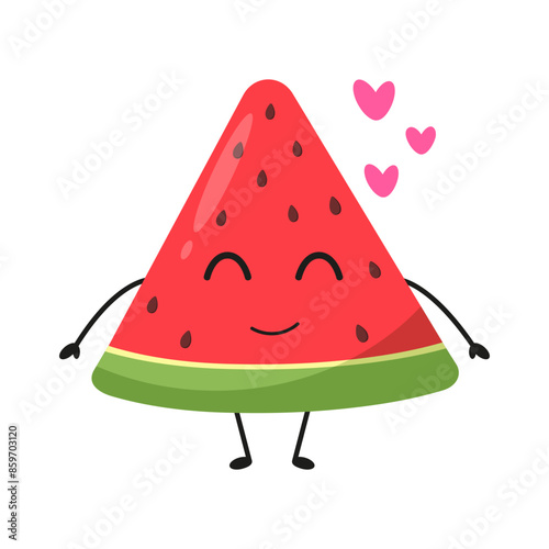 Vector cute simple watermelon character funny fall in love. watermelon slice cartoon emoticon in flat style