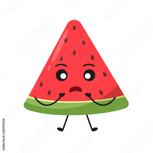 Cute watermelon fruit surprised cartoon. mascot in flat style. character scared