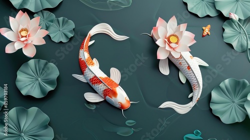 Koi fish swimming in the pond under lotus flowers in summer. Koi fish and lotus flowers in lake or water. Background and mural wallpaper High quality AI generated image © Javid
