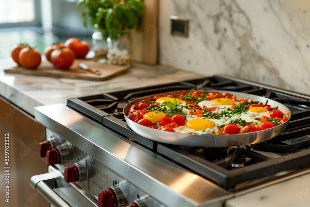 Shakshuka cooking in a modern kitchen. Shakshuka cooking in a modern kitchen.