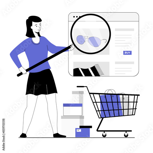Shopping online. Woman orders and pays for purchases on store website. Discount and customer loyalty program at store website. Vector illustration with line people for web design.