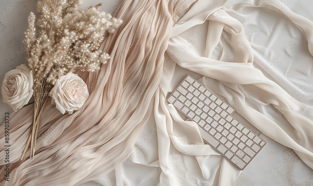 Highlight the elegance of a feminine workspace with a flat lay of a planner, keyboard, and beige fabric Highlight the elegance of a feminine workspace with a flat lay of a planner, keyboard, and beige fabric
