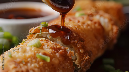 A close-up shot of egg rolls being dipped in sauce, highlighting the crispy texture and fresh ingredients