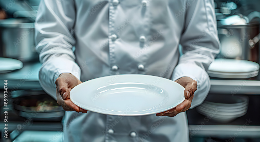 Chef in white uniform holding empty plate, culinary profession concept. Chef in white uniform holding empty plate, culinary profession concept.