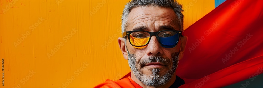 Confident middle-aged man dressed as a superhero with a red cape and colorful eyeglasses poses against a vibrant orange and yellow background Confident middle-aged man dressed as a superhero with a red cape and colorful eyeglasses poses against a vibrant orange and yellow background