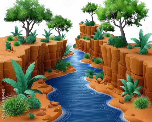 Scenic desert canyon landscape with lush greenery, winding river, and vibrant vegetation in a colorful illustration style photo