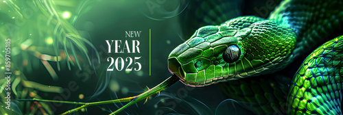 Greeting card with a green Snake, with the text NEW YEAR 2025 in green. photo