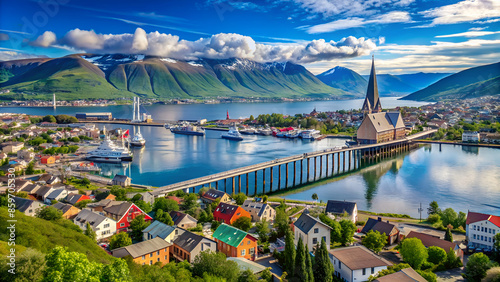 View of Tromso, with cathedral, Tromso Bridge, Tromsoya island, embankment and scenery beyond the city, Troms og Finnmark county, Norway, summer day photo