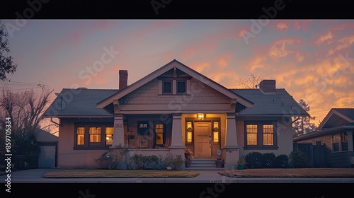 The quiet and stillness of a suburban morning as the dawn light softly highlights a sandy beige Craftsman style house, with no one around. photo